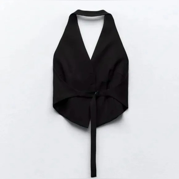 Zara NWOT Open Back Halter Vest Waistcoat Top Black Size M V-Neck Tie Back - Picture 4 of 10